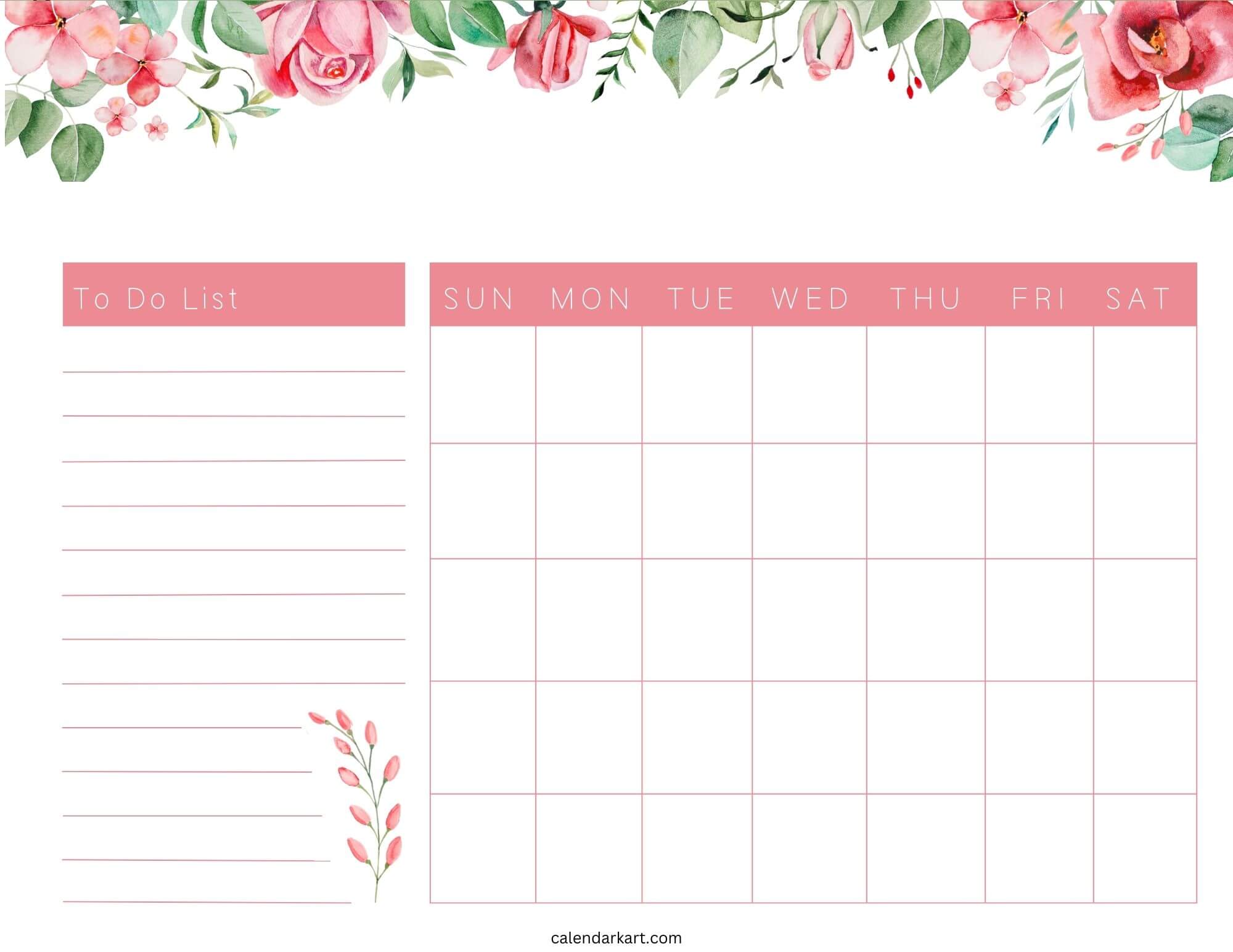 Blank Floral Calendar Pink Typeable PDF CalendarKart