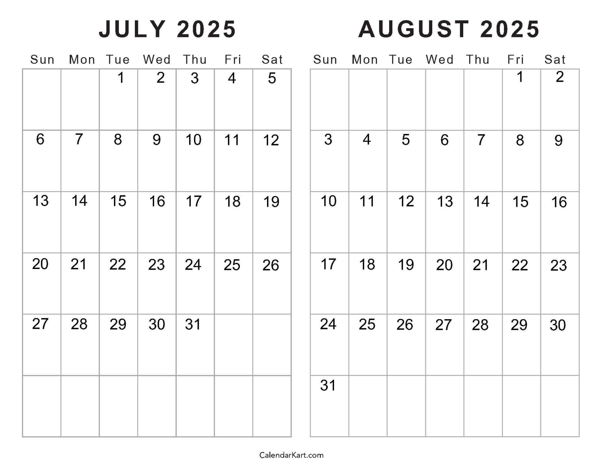 Free Printable July August 2025 Calendar | Calendarkart