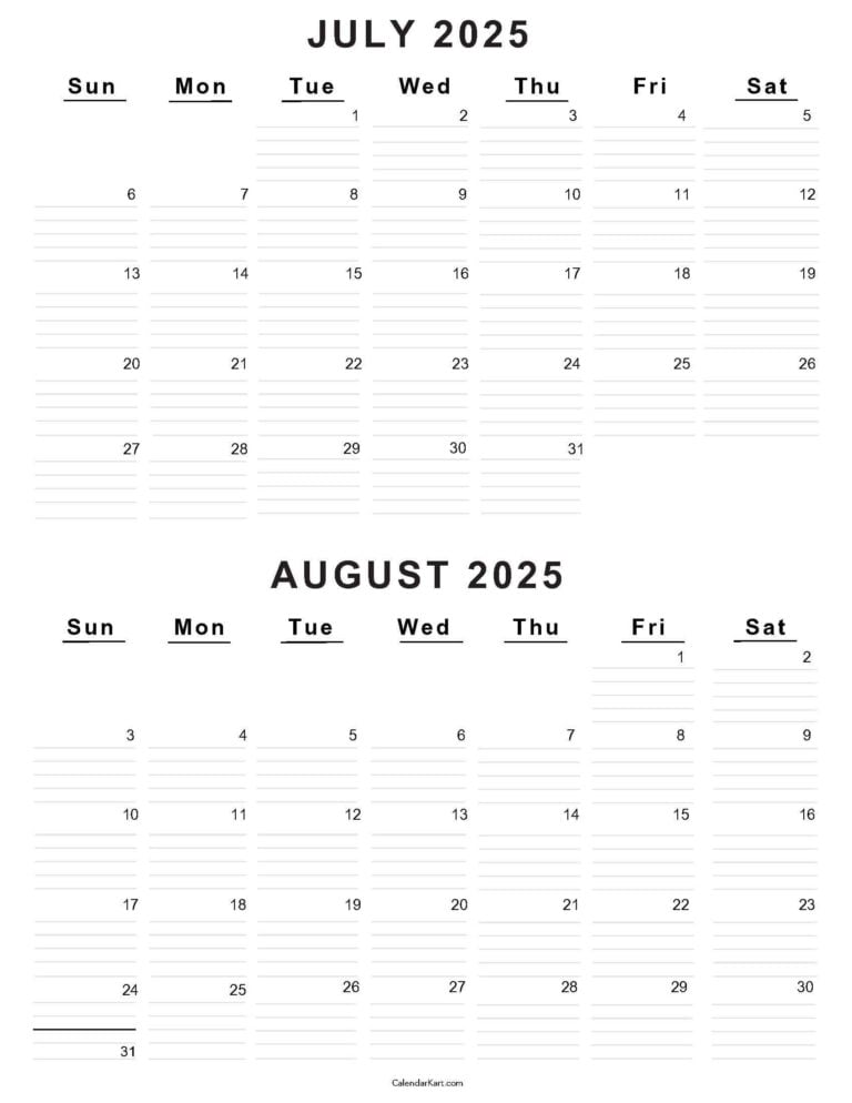 Free Printable July August 2025 Calendar | Calendarkart