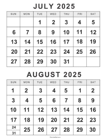 Free Printable July August 2025 Calendar | Calendarkart