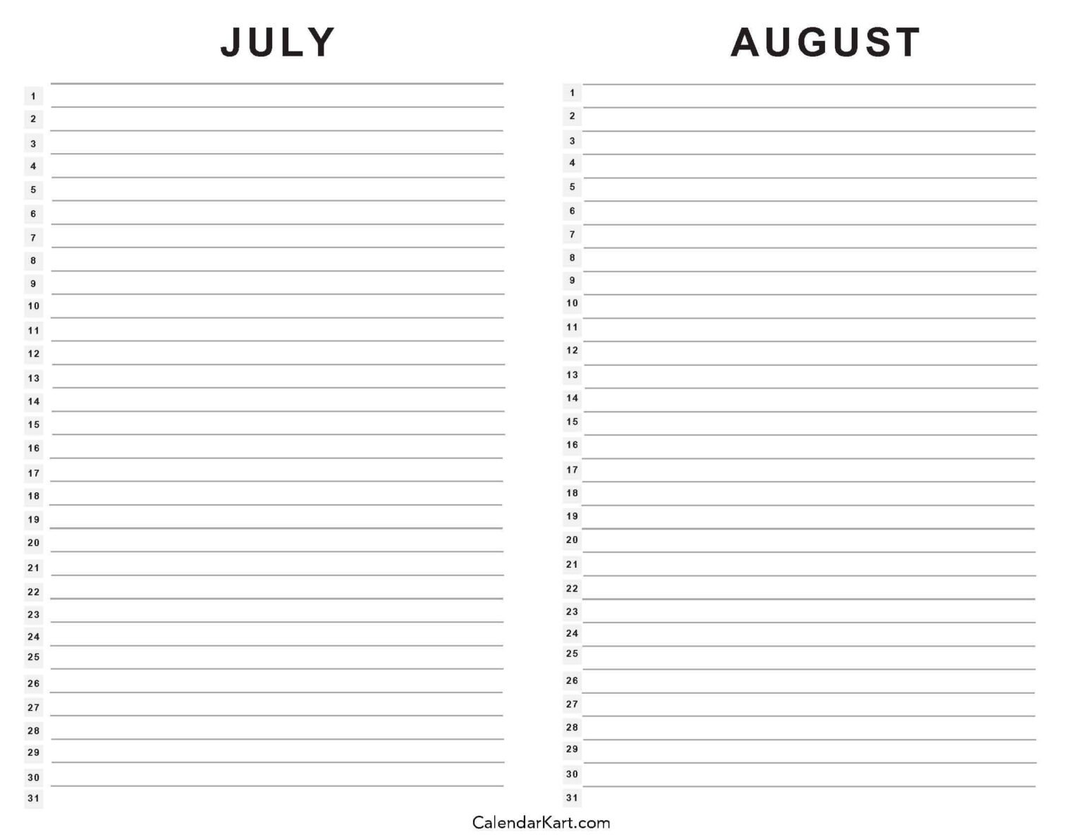 Free Printable July August 2025 Calendar | Calendarkart