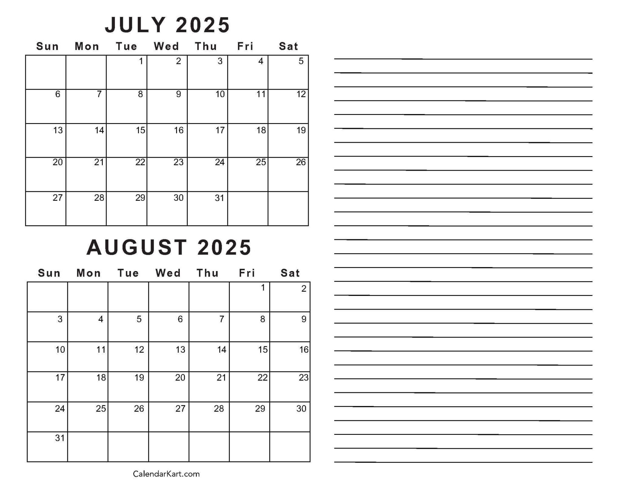 Free Printable July August 2025 Calendar | Calendarkart