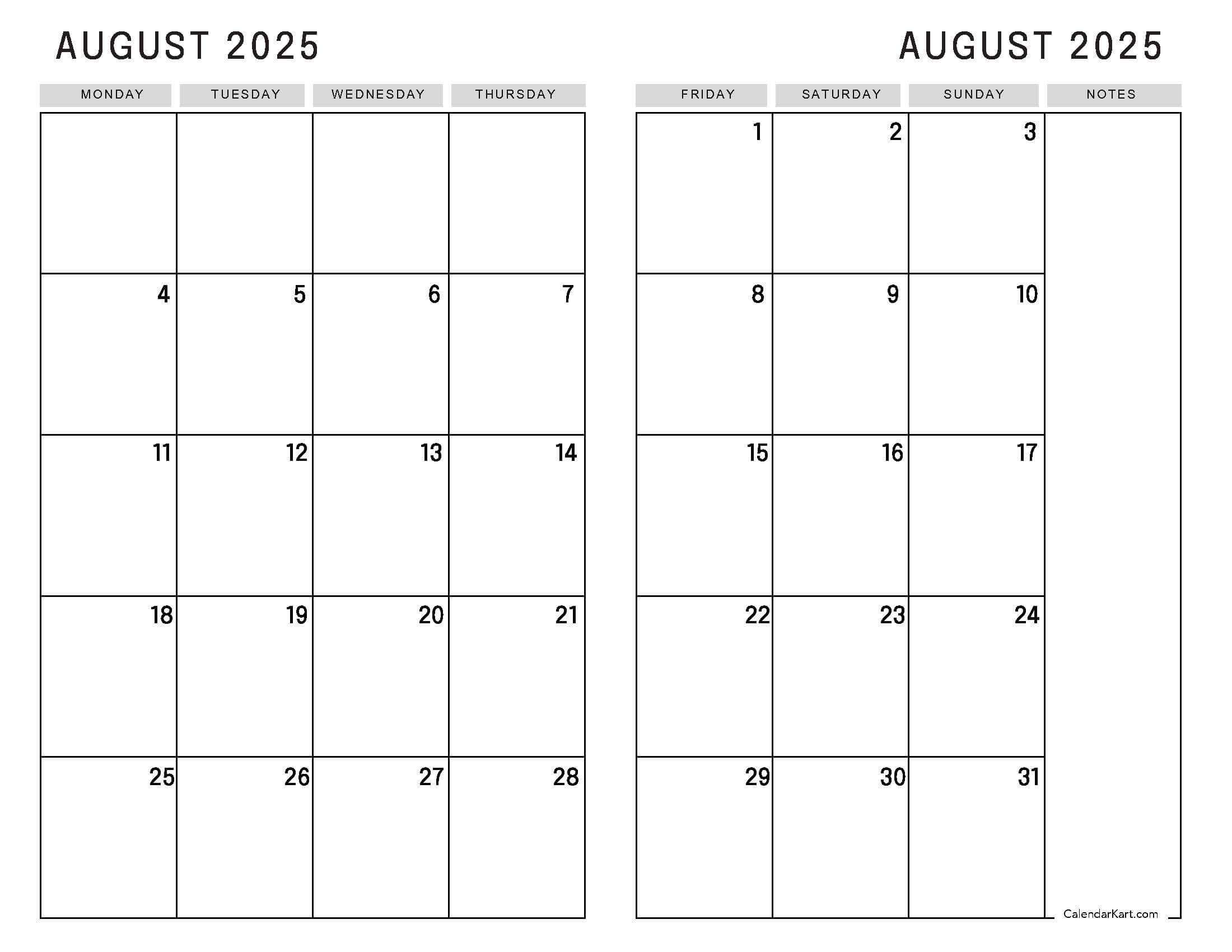 August 2025 Calendar 2 Page Spread