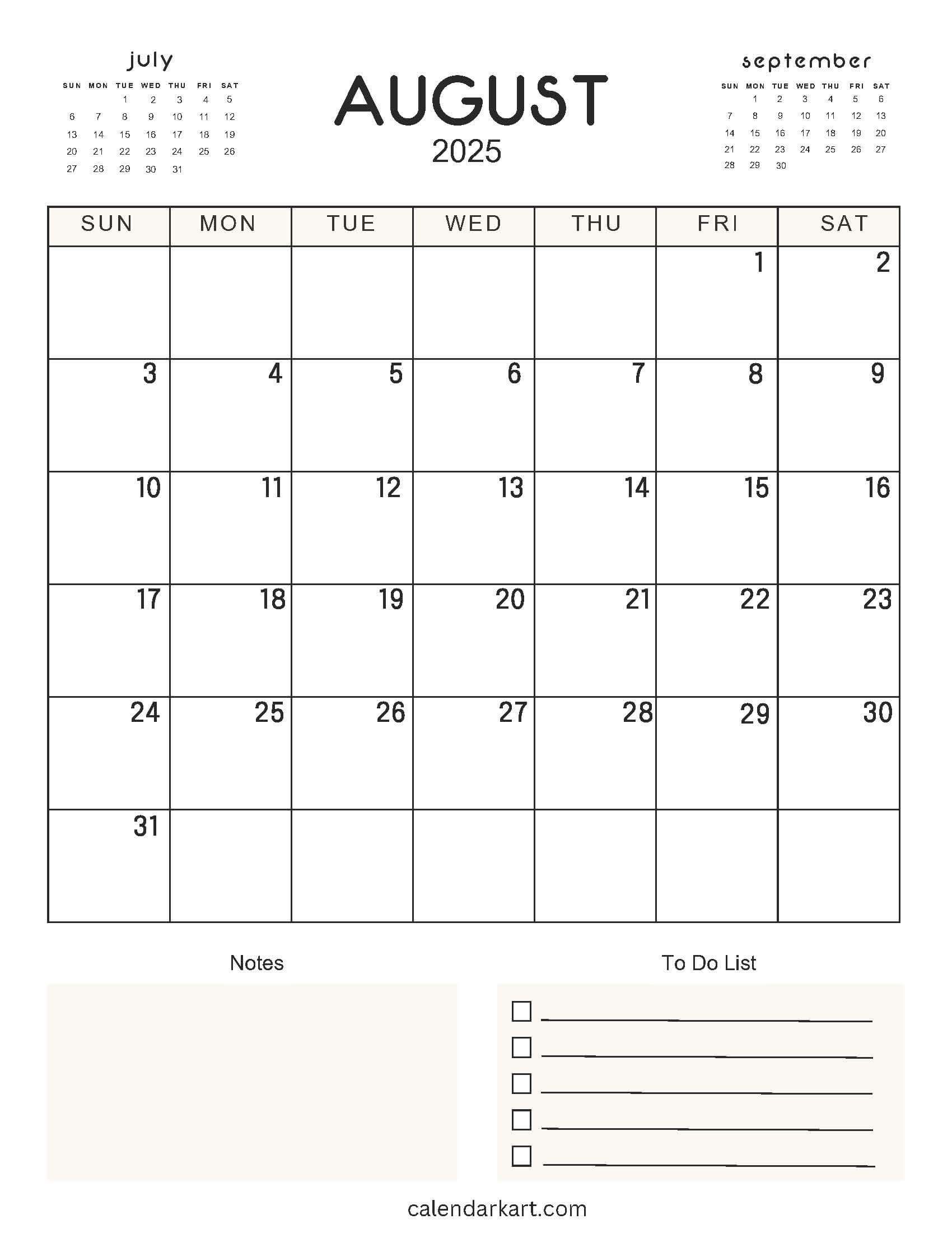 August 2025 Calendar Free Printable