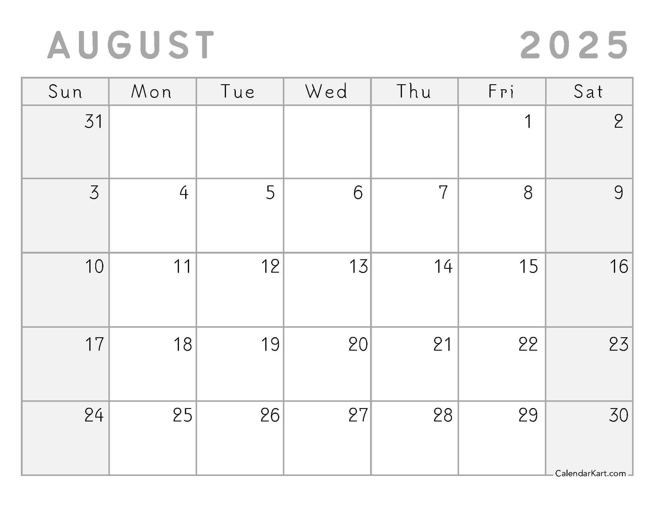 August 2025 Calendar Greyscale