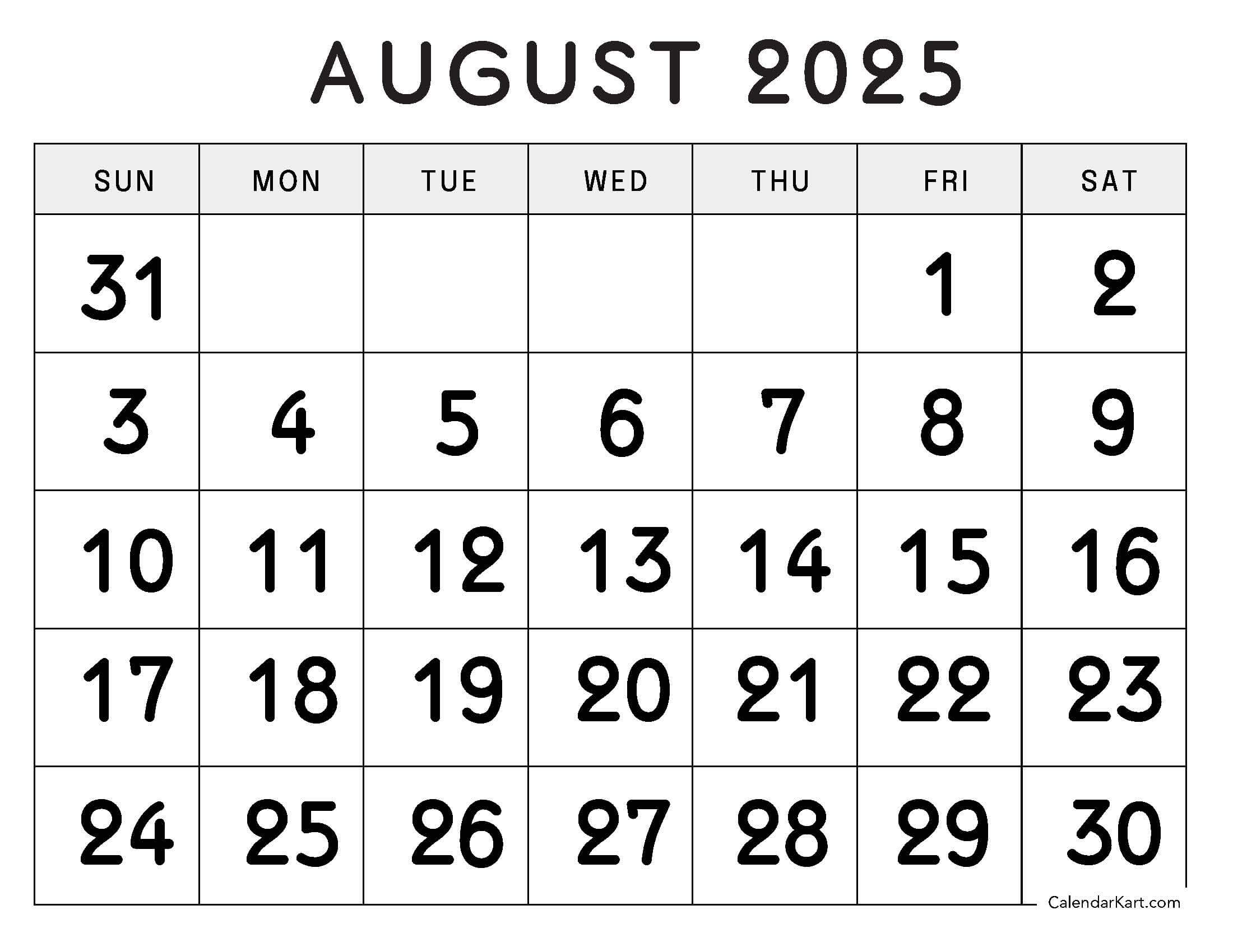 August 2025 Calendar Large Numerals