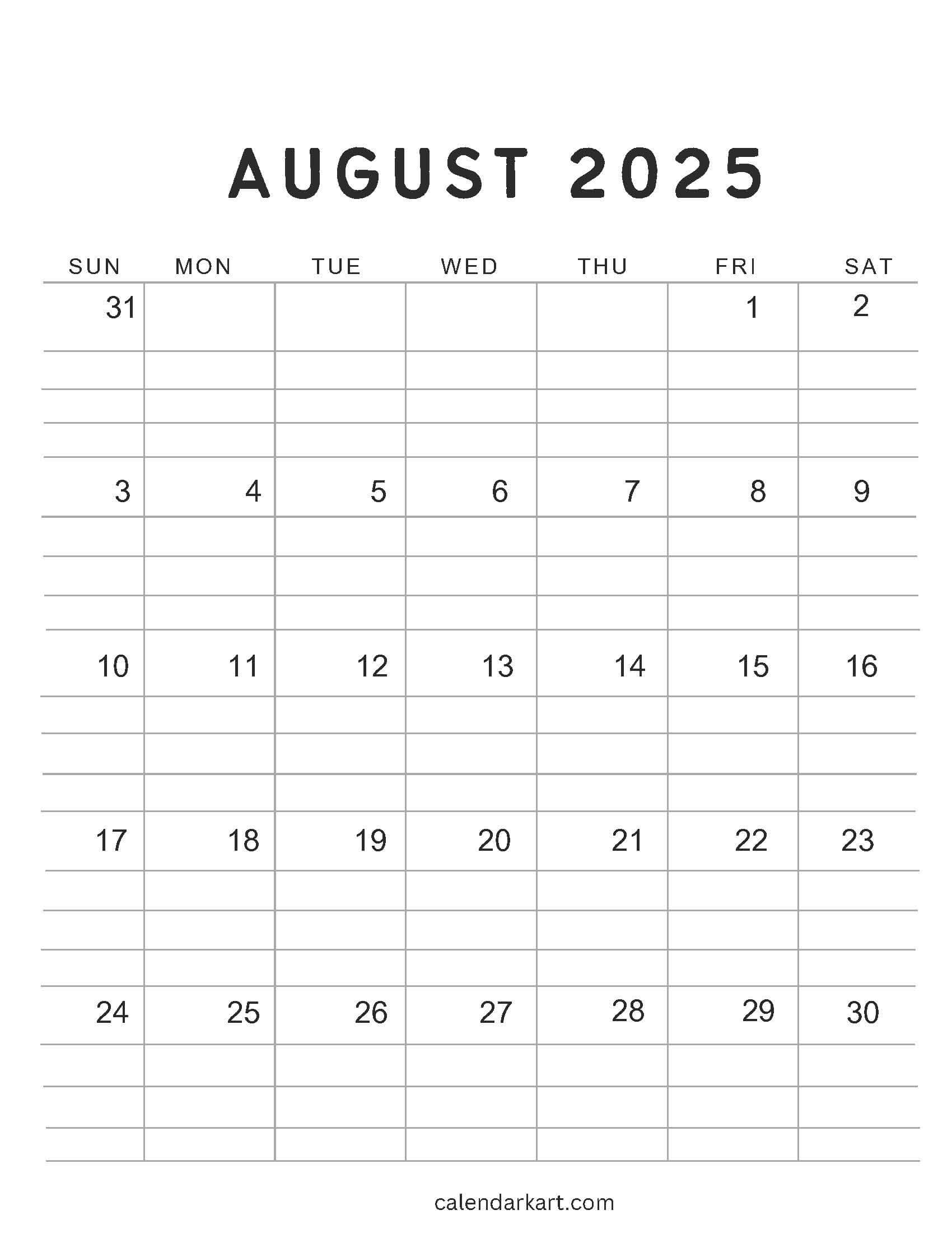 August 2025 Calendar Lined Template