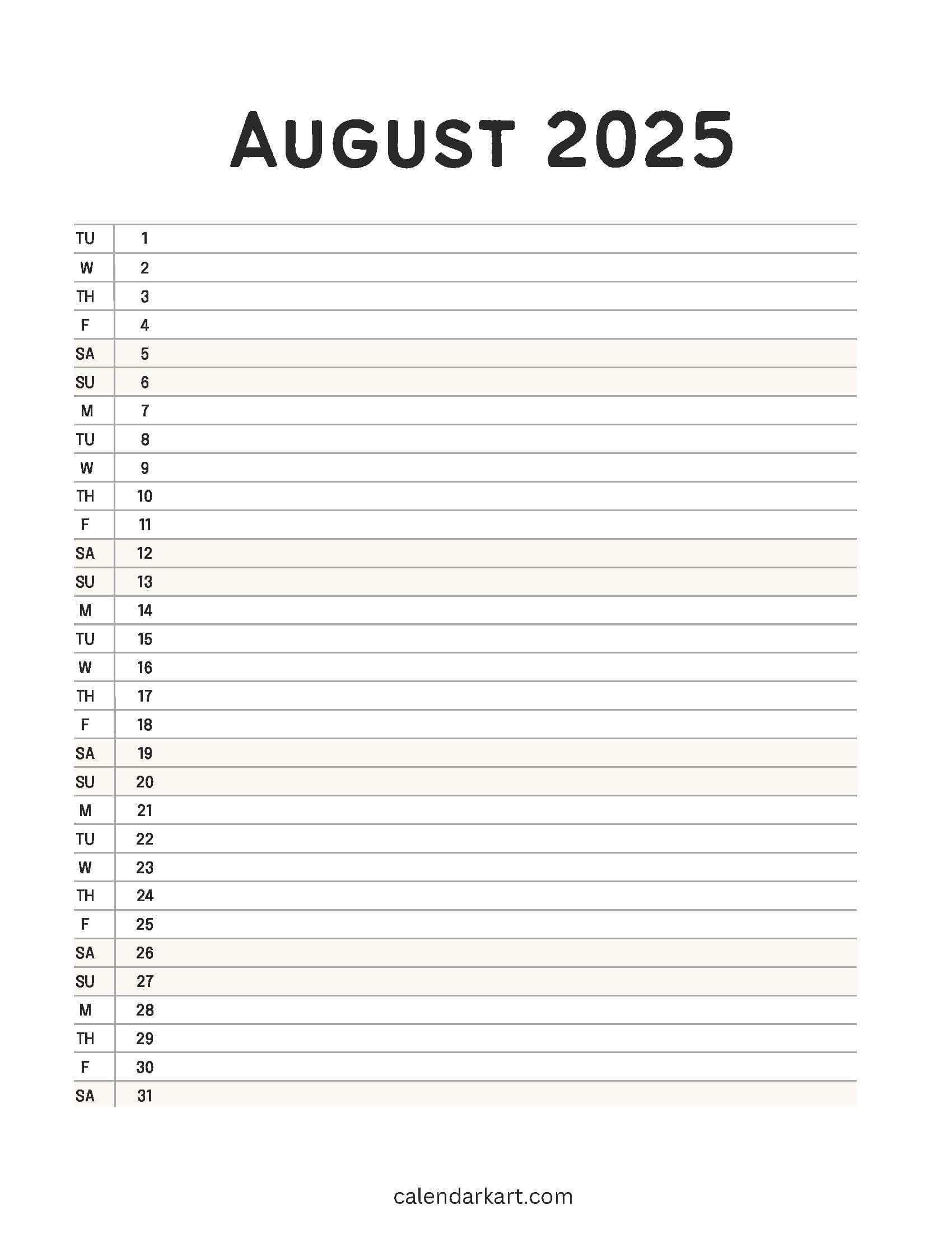 August 2025 Calendar List View