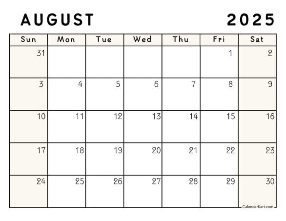 August 2025 Calendar Shaded Weekends