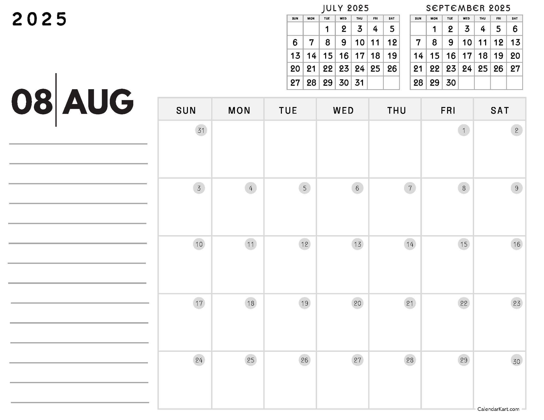 August 2025 Calendar Template
