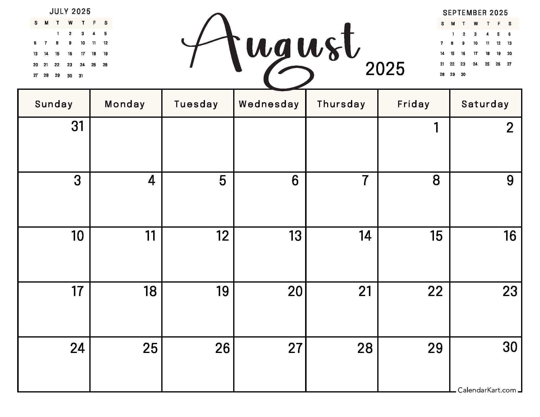 August 2025 Calendar with Jul Sep Preview