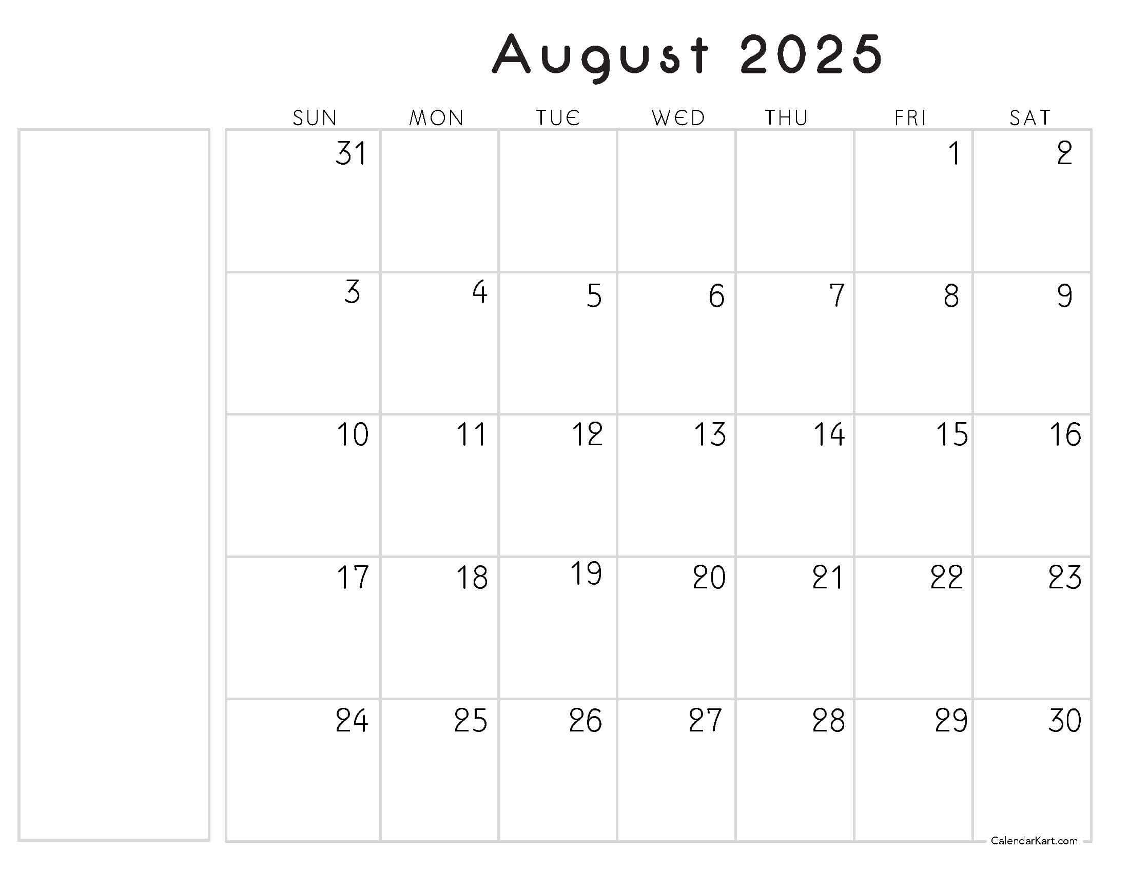 August 2025 Calendar with Notes