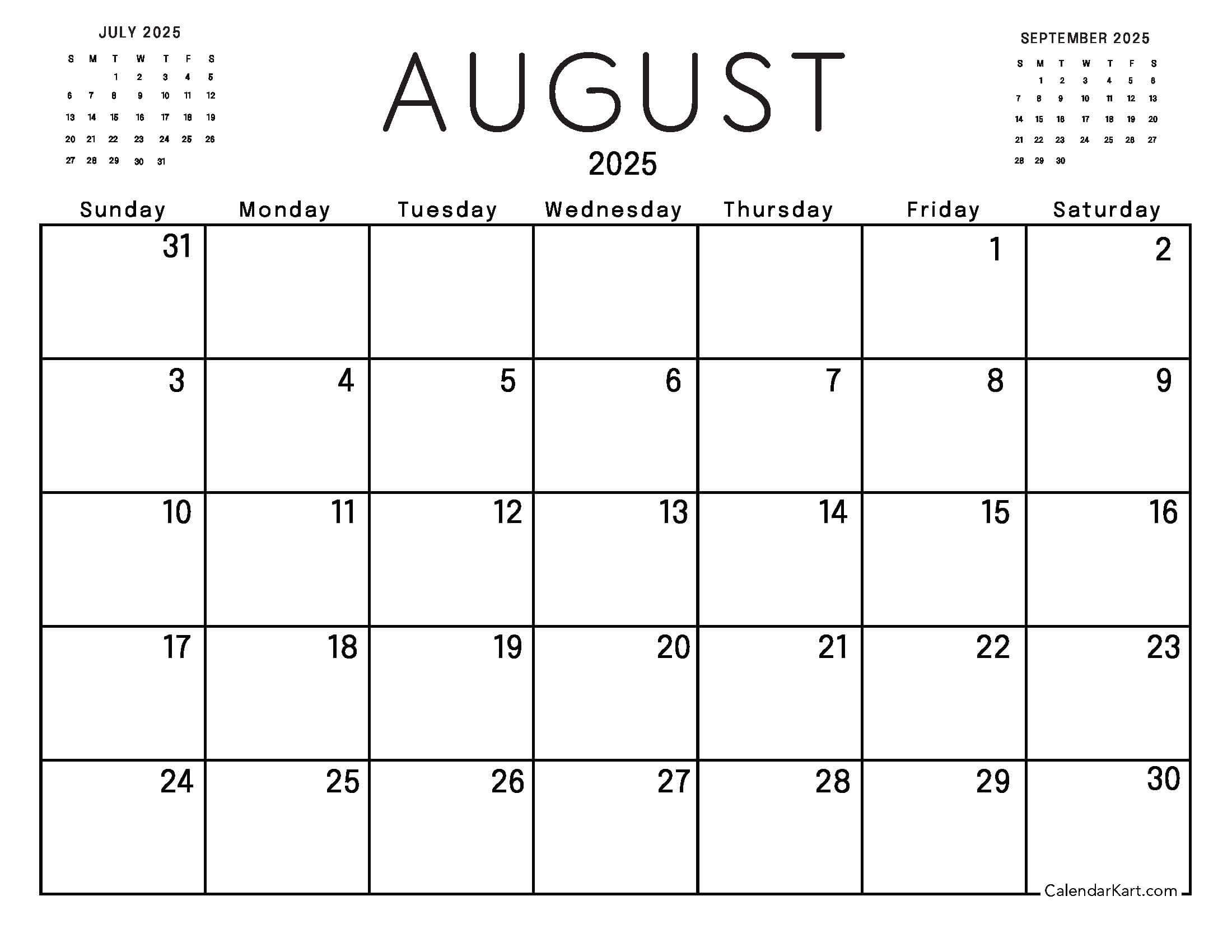 August 2025 Calendar with Previous and Upcoming Months Overview