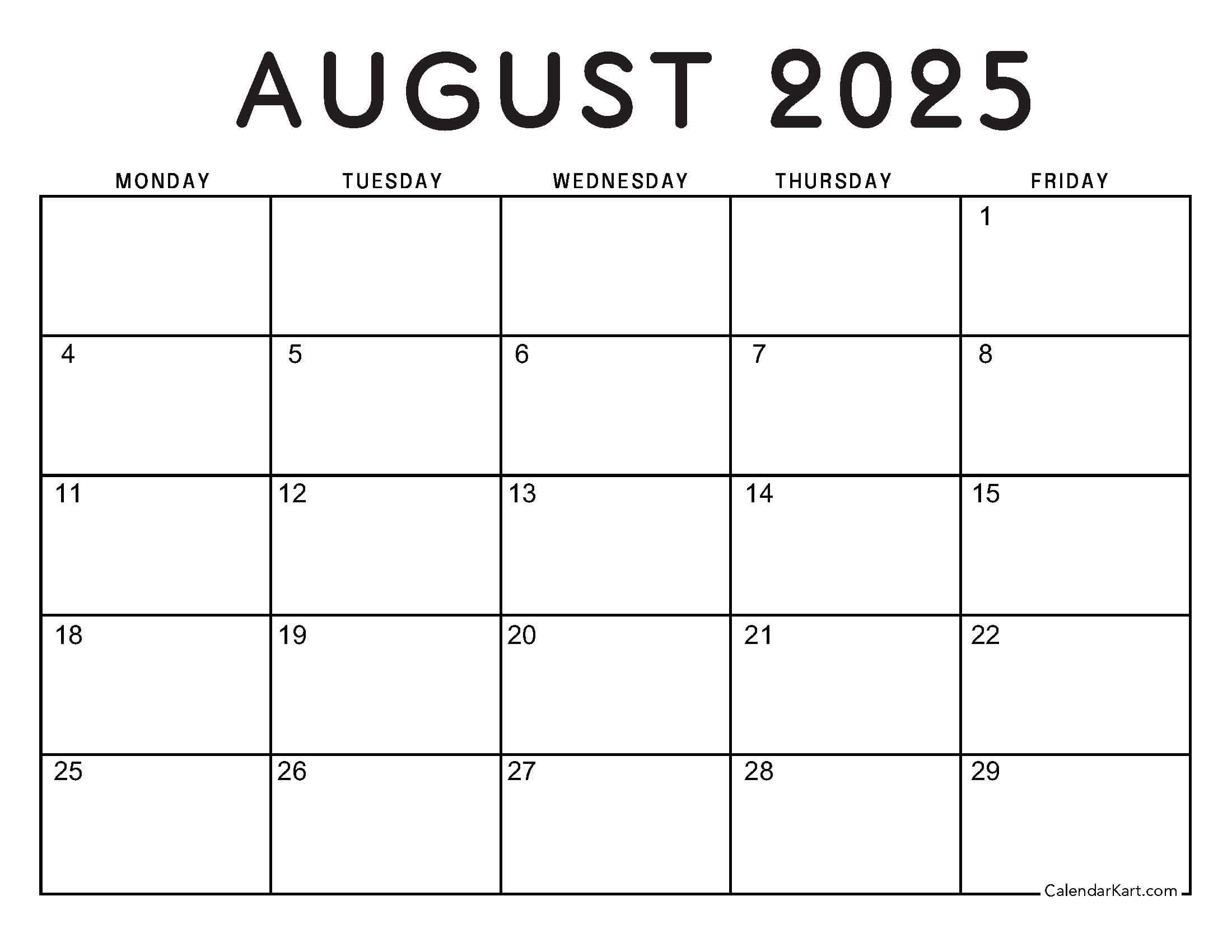 August 2025 Five Day Calendar