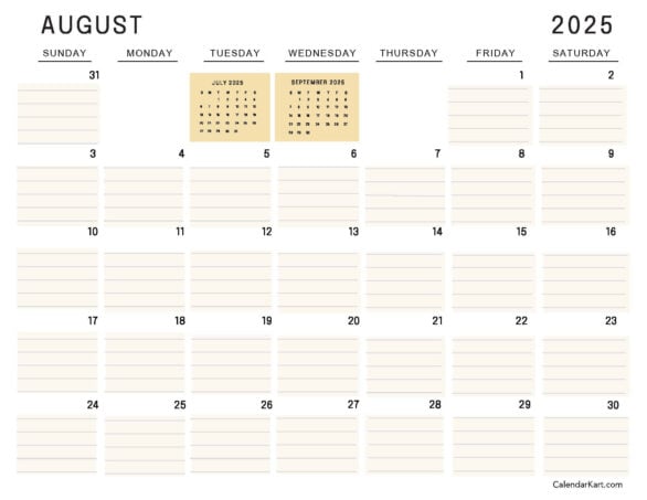 August 2025 Lined Calendar Floral White