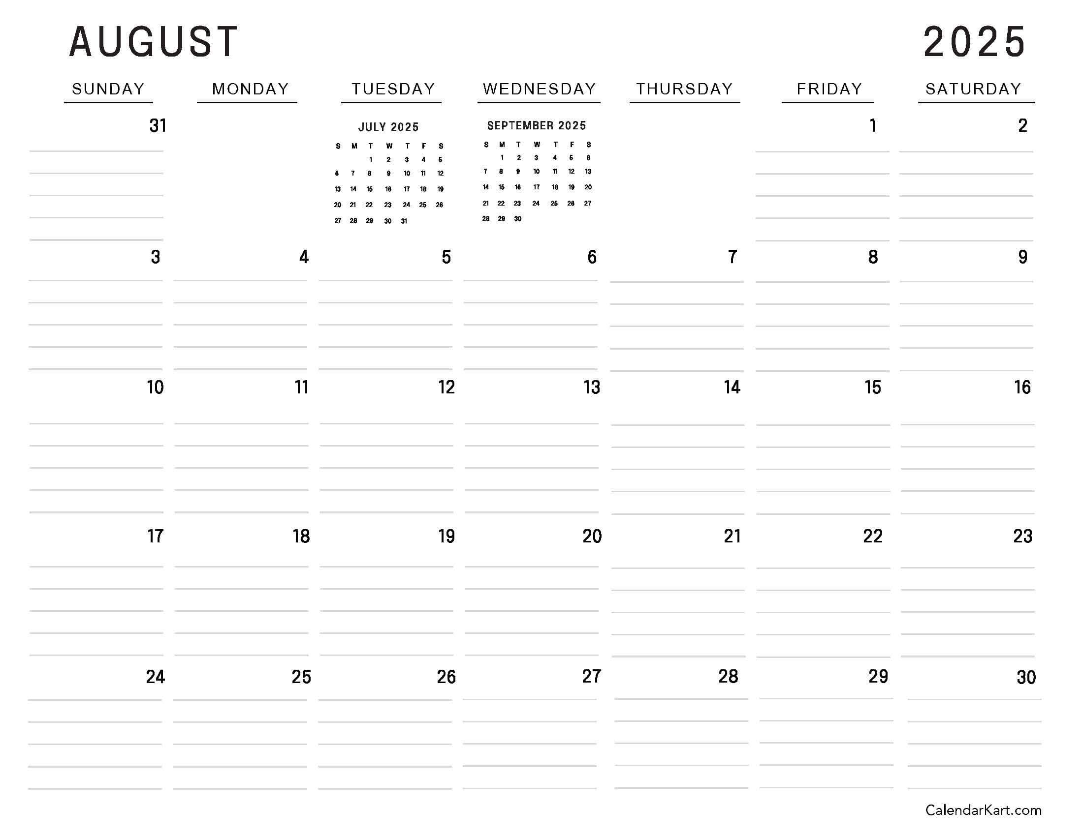 August 2025 Lined Calendar Minimalist