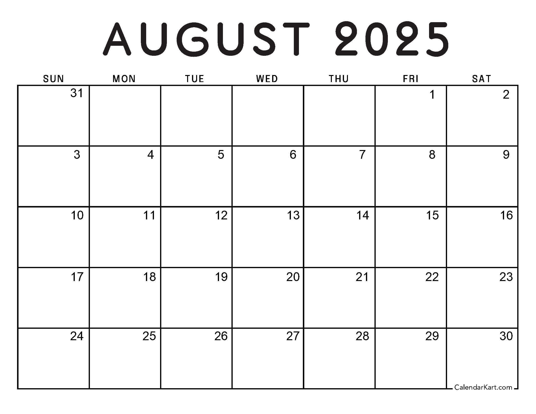 August 2025 Standard Calendar