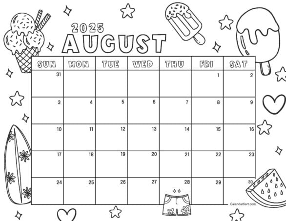 August Coloring Calendar 2025