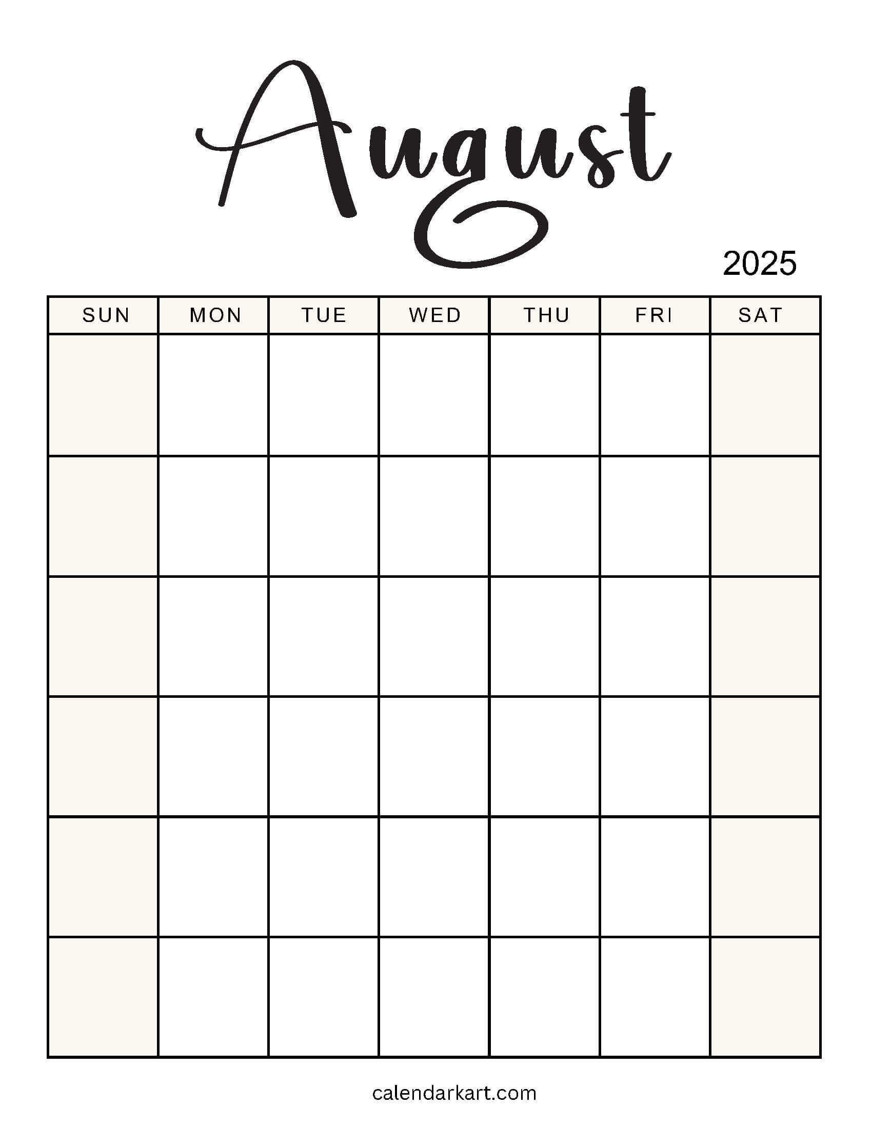 Blank August 2025 Calendar Typography