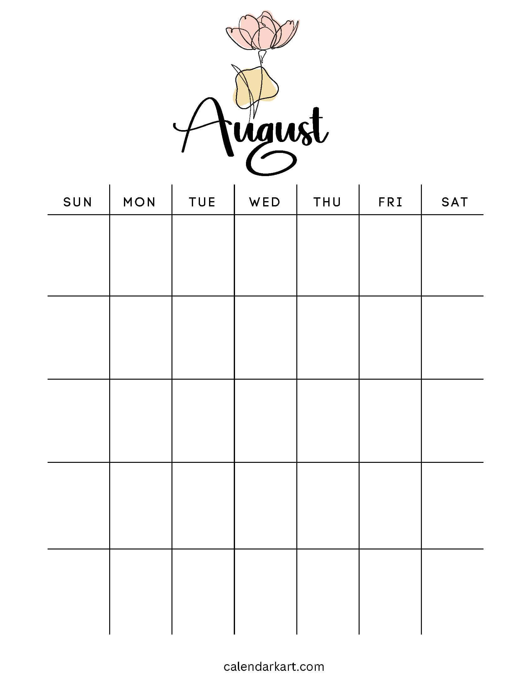 Blank August Calendar Flowers