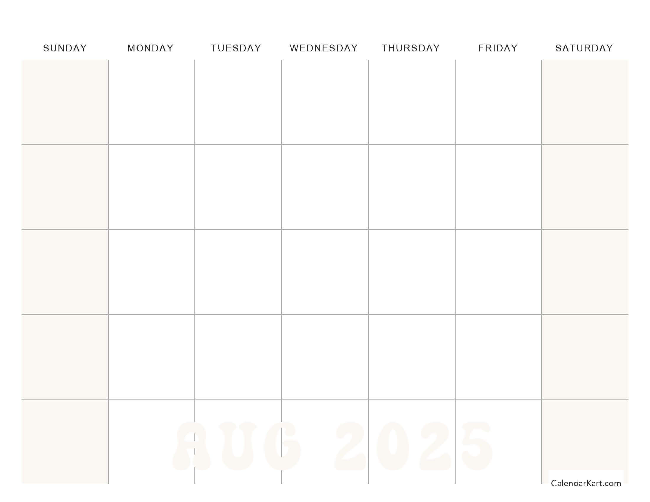 Blank August Calendar Shaded Weekends