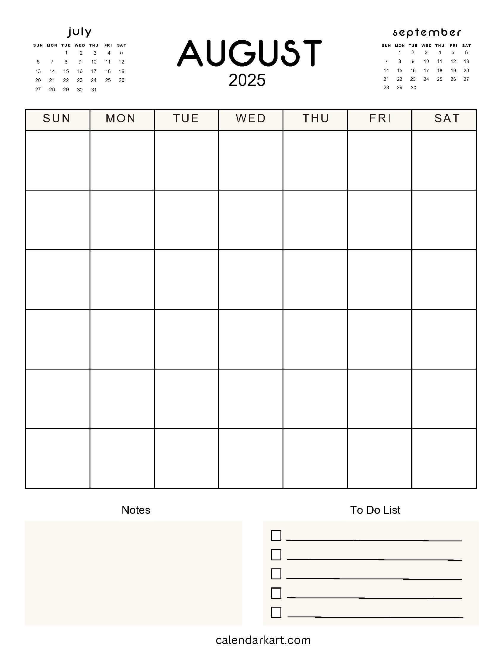 Blank August Calendar with 2 Months Overview