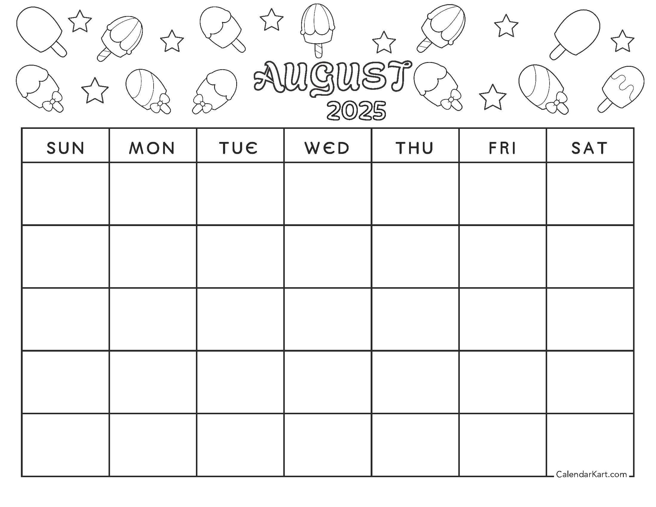 Blank August Coloring Popsicles Calendar for Kids