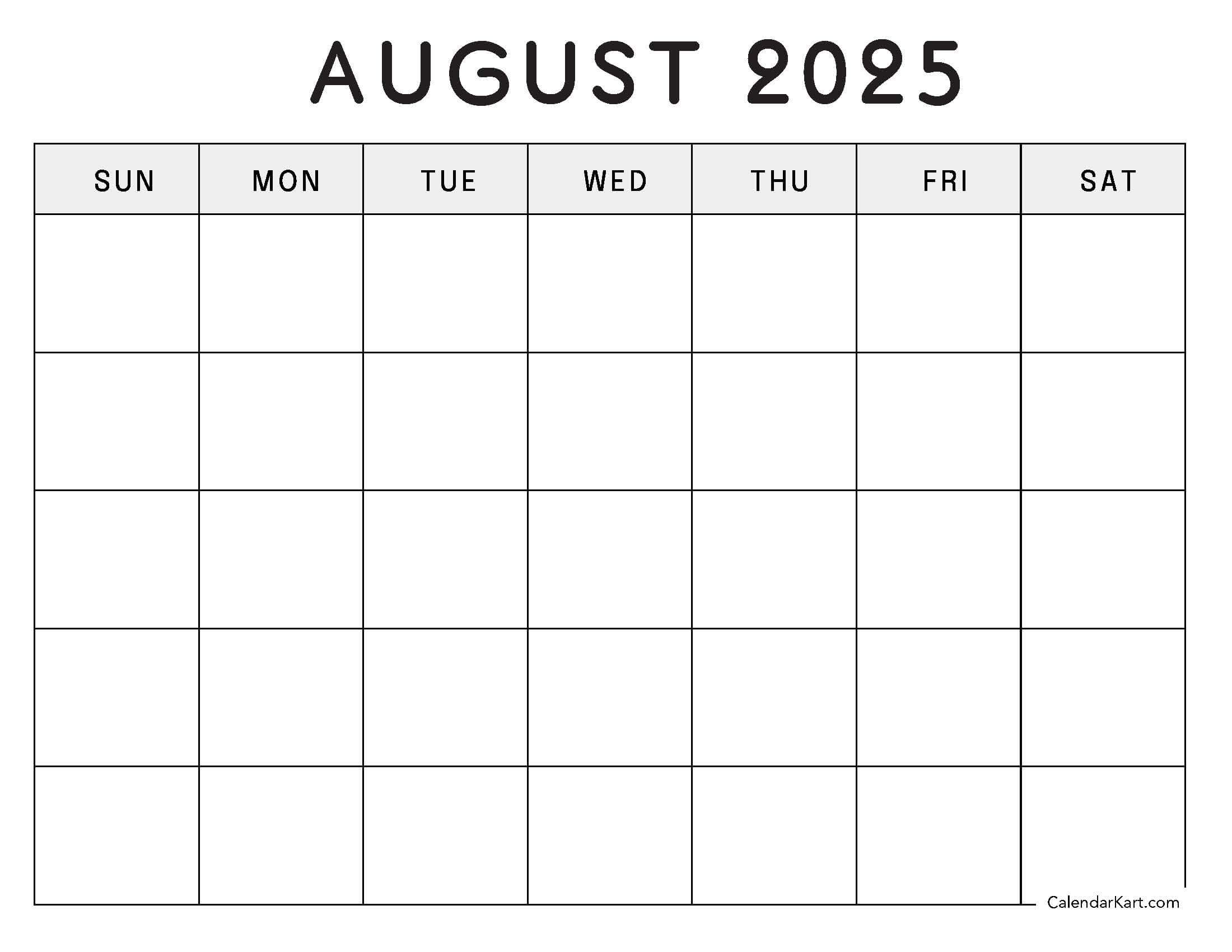 Blank Calendar August 2025 Standard