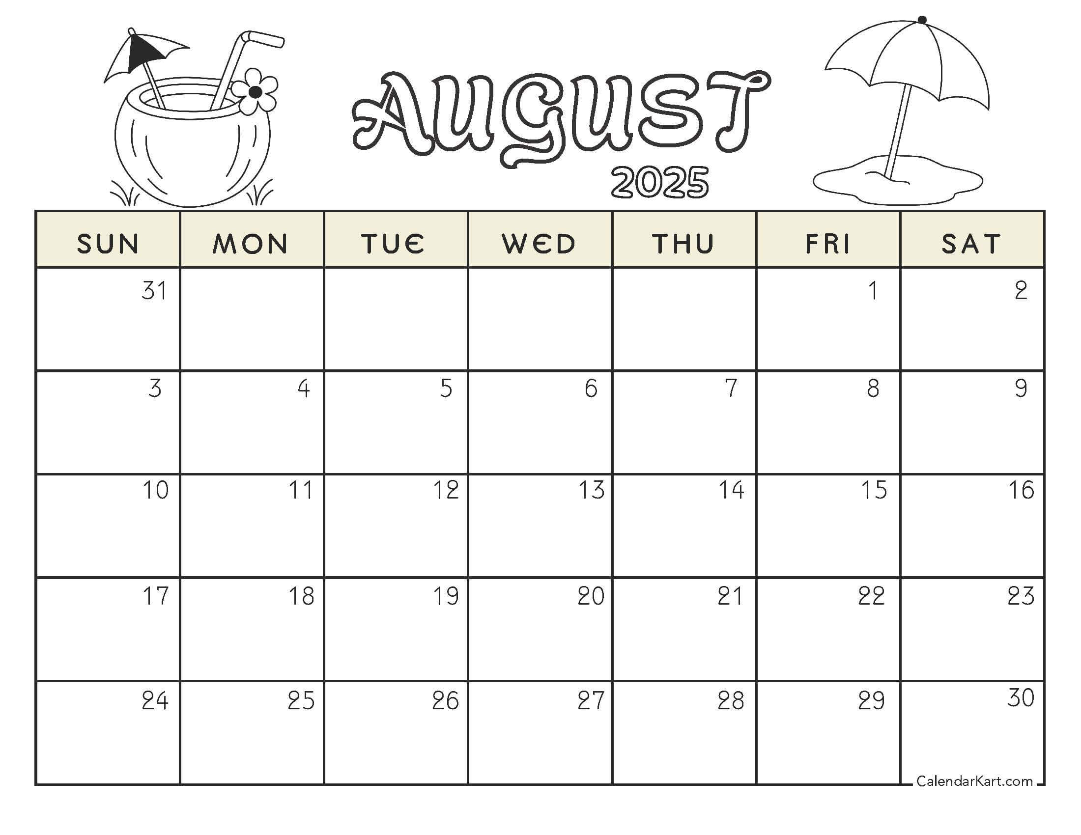 Cute August 2025 Calendar Beach Theme Coloring