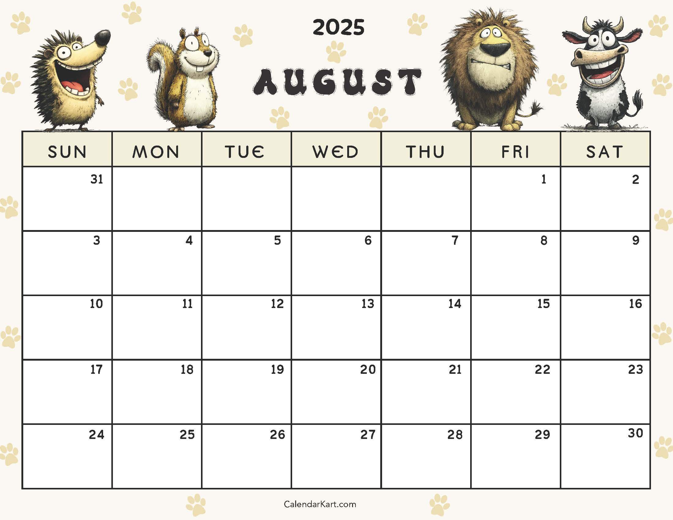 Cute August 2025 Calendar Funny Animals Coloring
