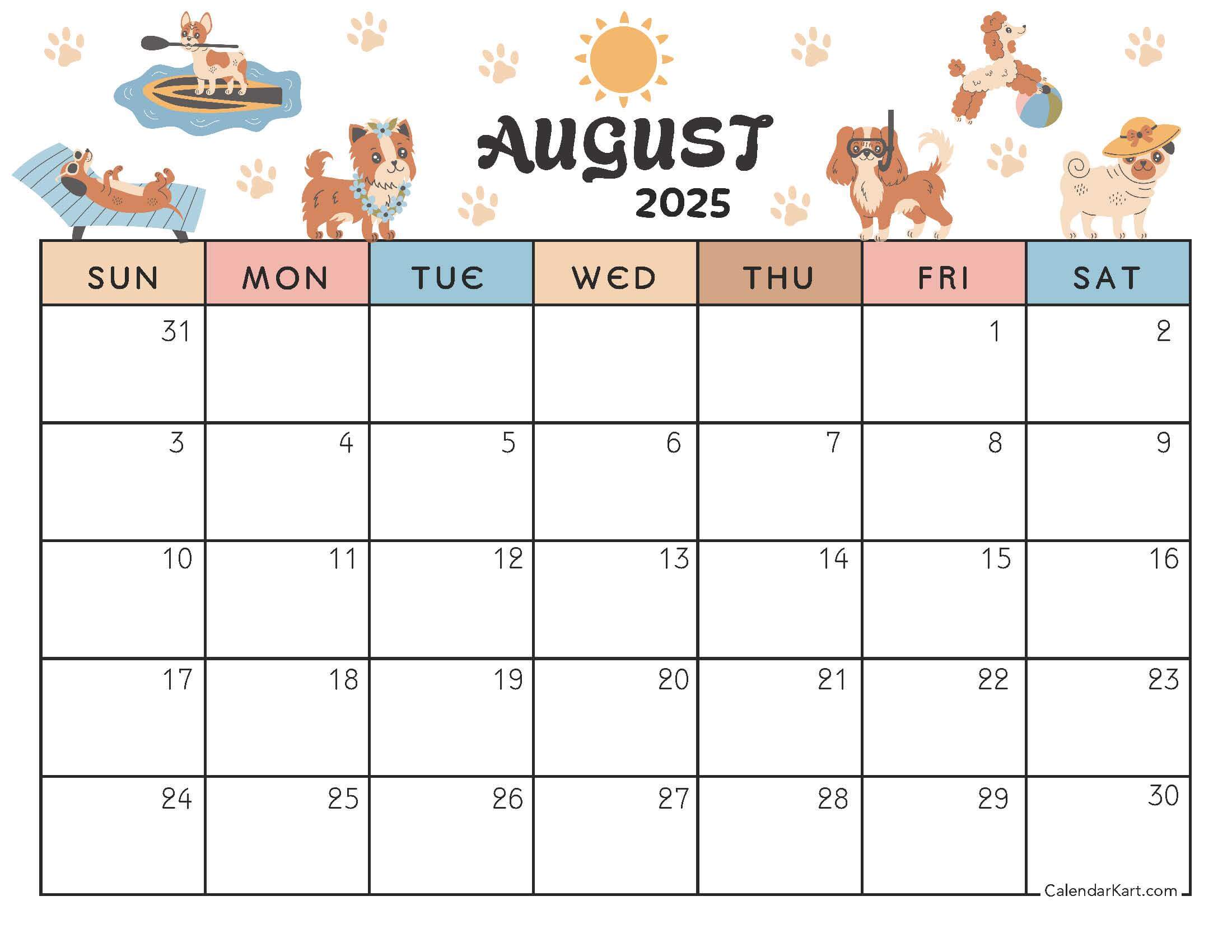 Cute August 2025 Calendar Funny Puppies