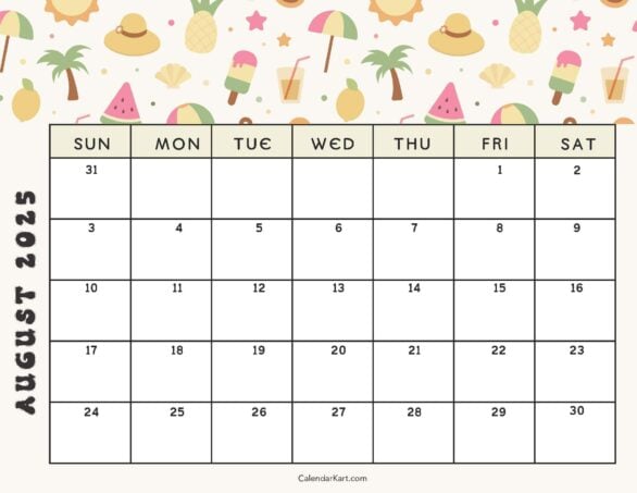 Cute August 2025 Calendar Summer Background