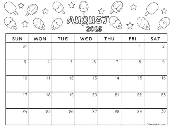 Cute August 2025 Coloring Popsicles Calendar