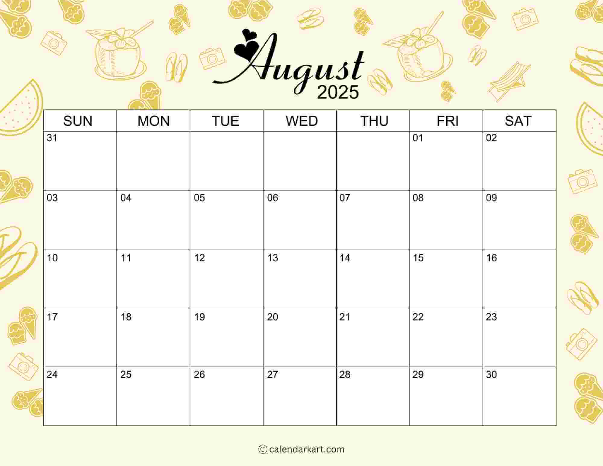 Cute August Calendar Summer Template
