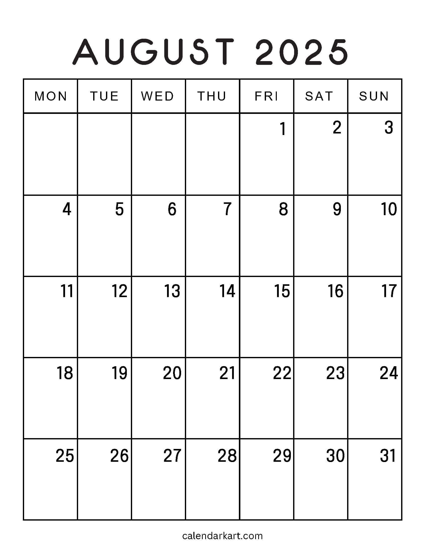 Monday Start August 2025 Calendar Large Print