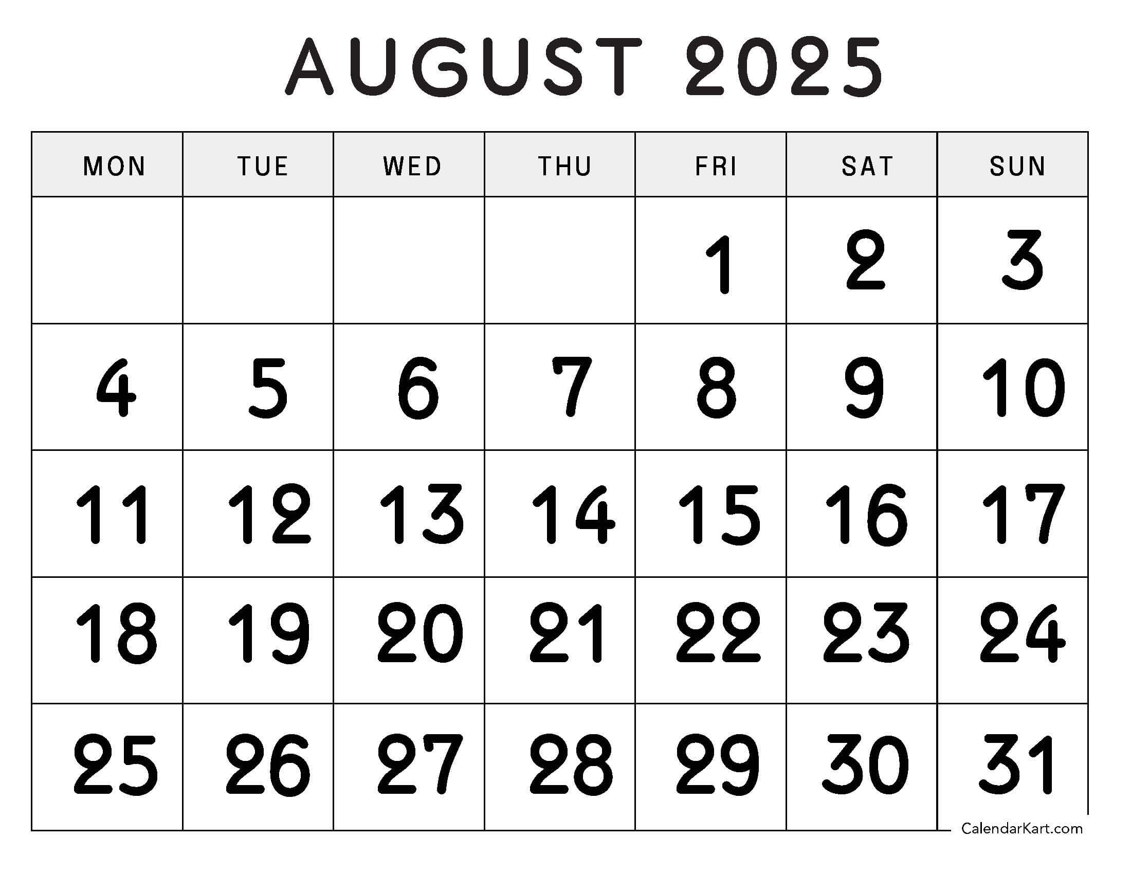Monday Start August 2025 Calendar Large Text
