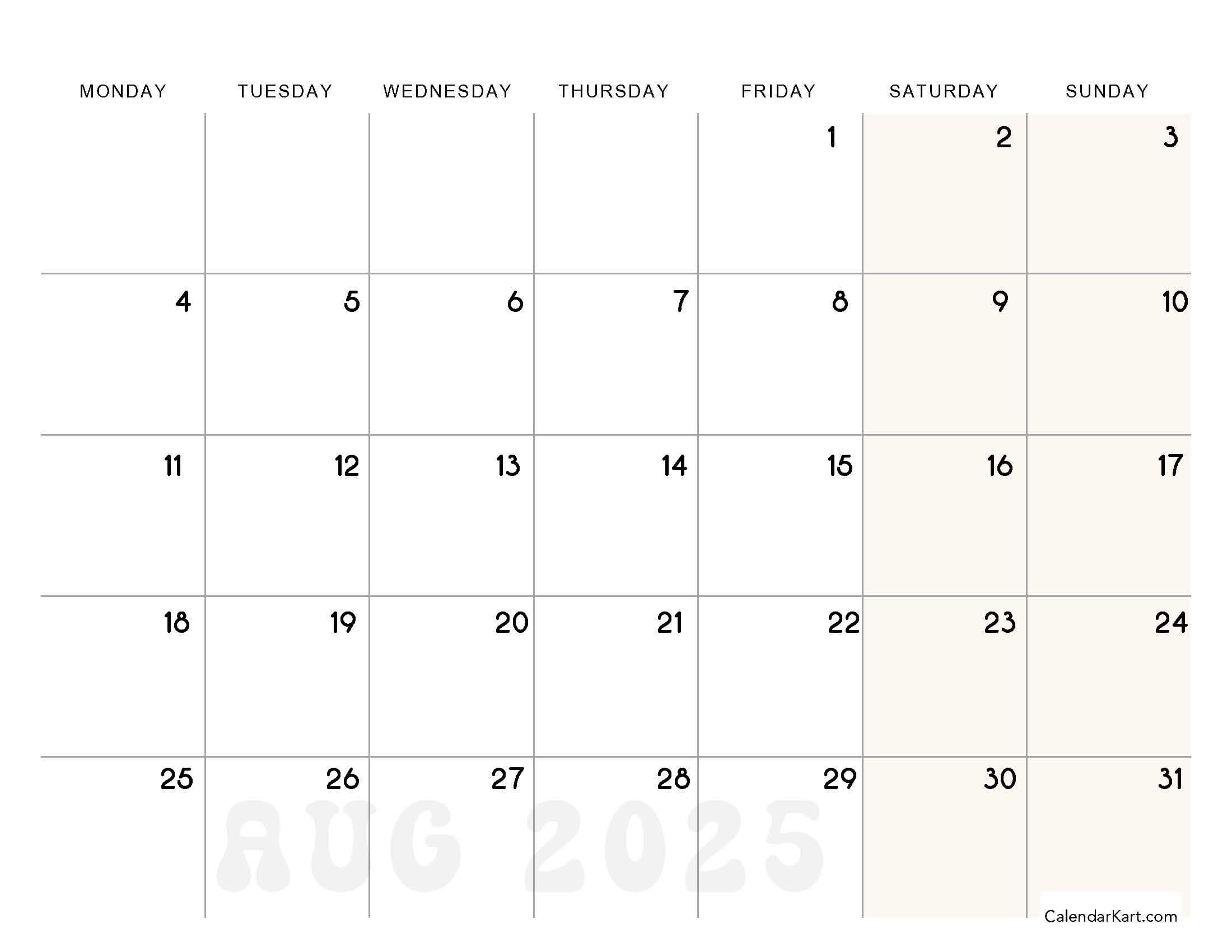 Monday Start August 2025 Calendar Shaded Weekends