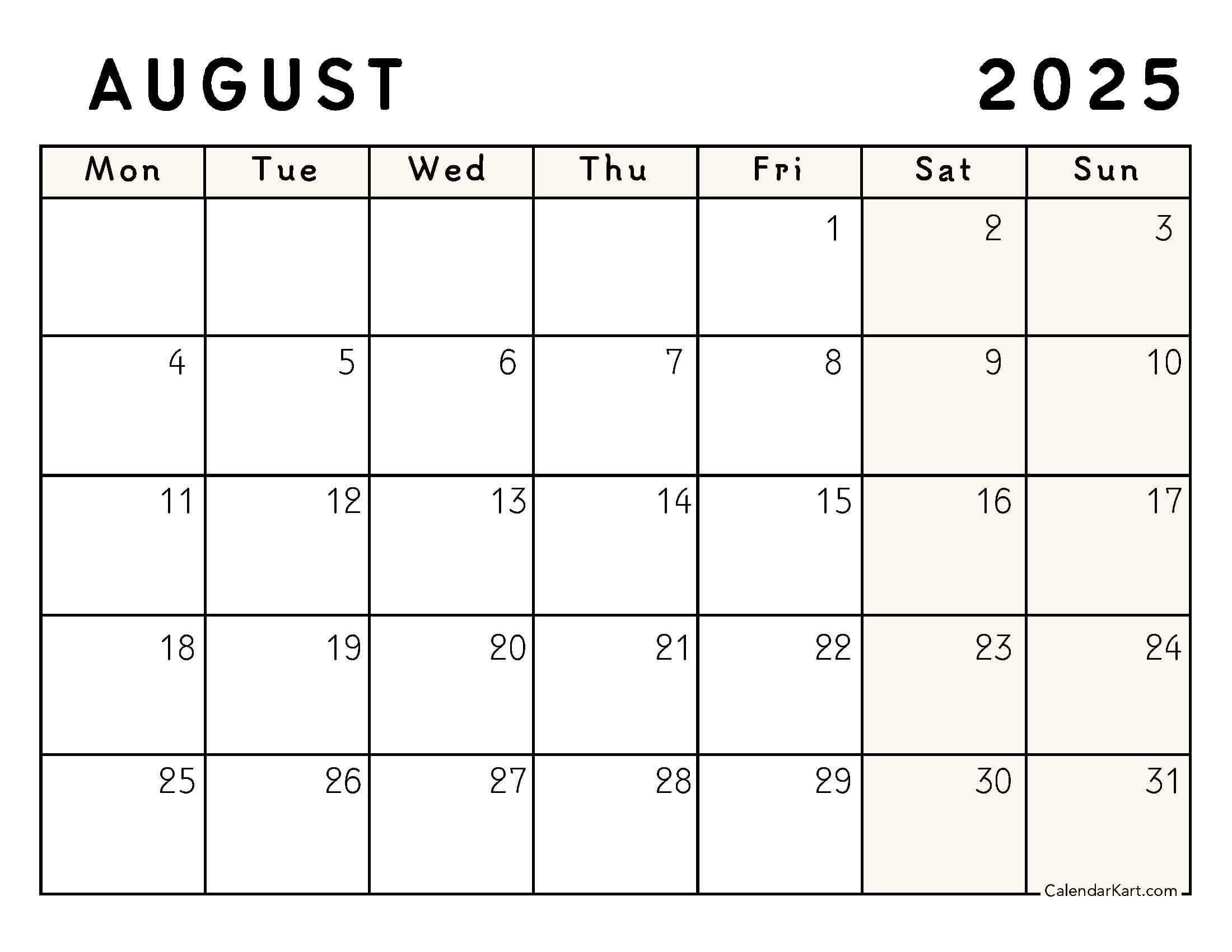 Monday Start August 2025 Calendar Standard