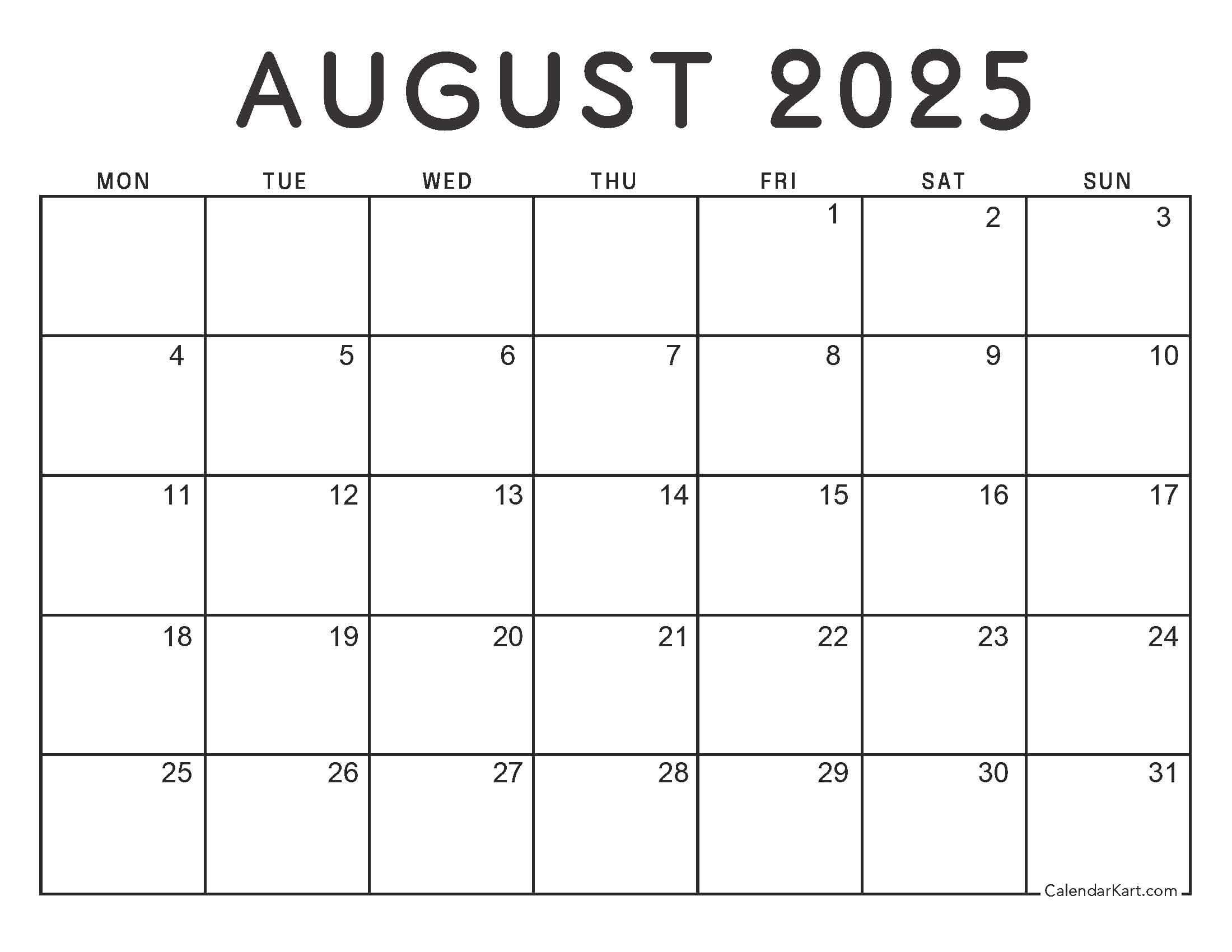 Monday Start August Calendar Minimal