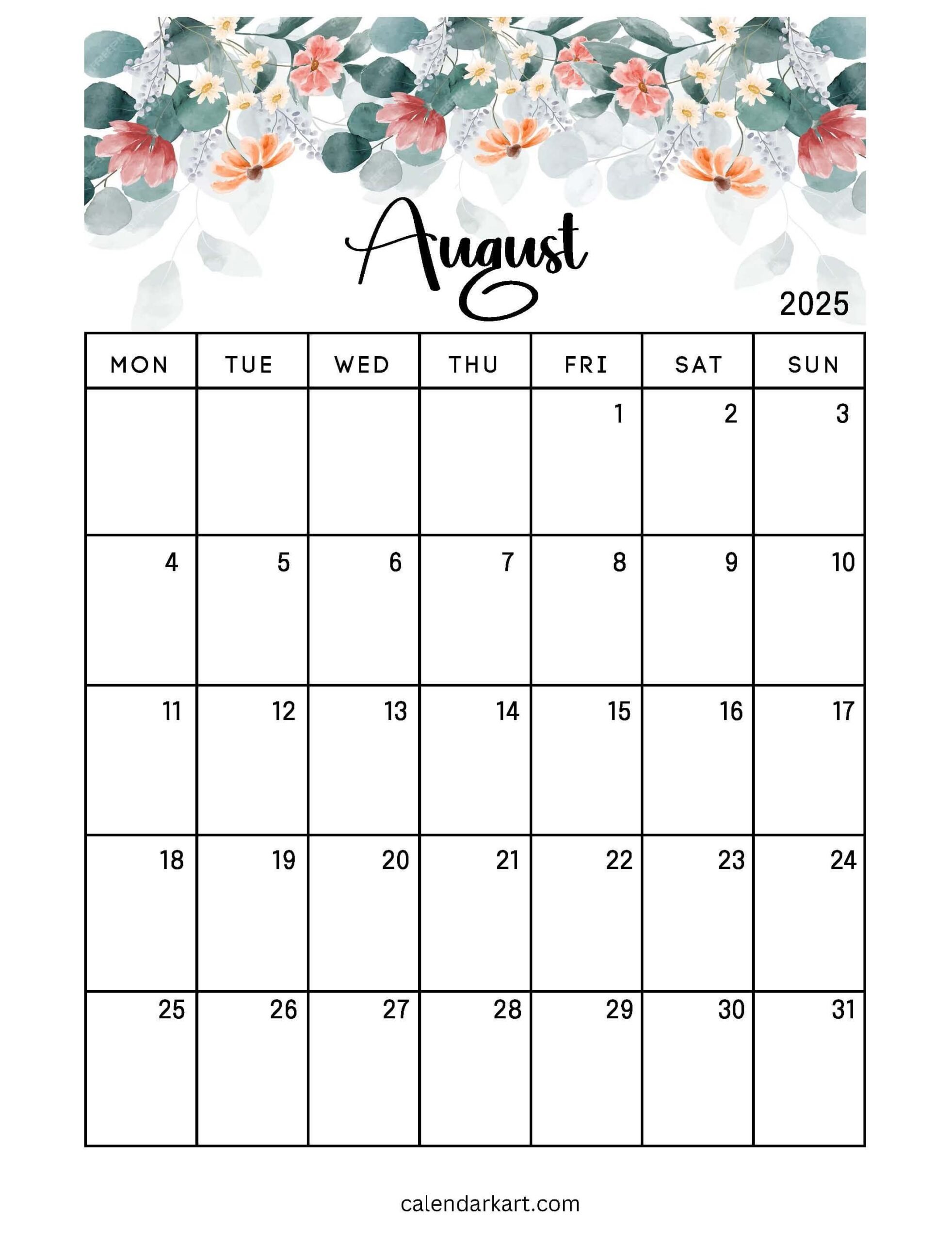 Monday Start August Floral Calendar