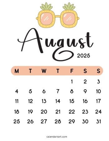 Monday Start Cute August 2025 Calendar