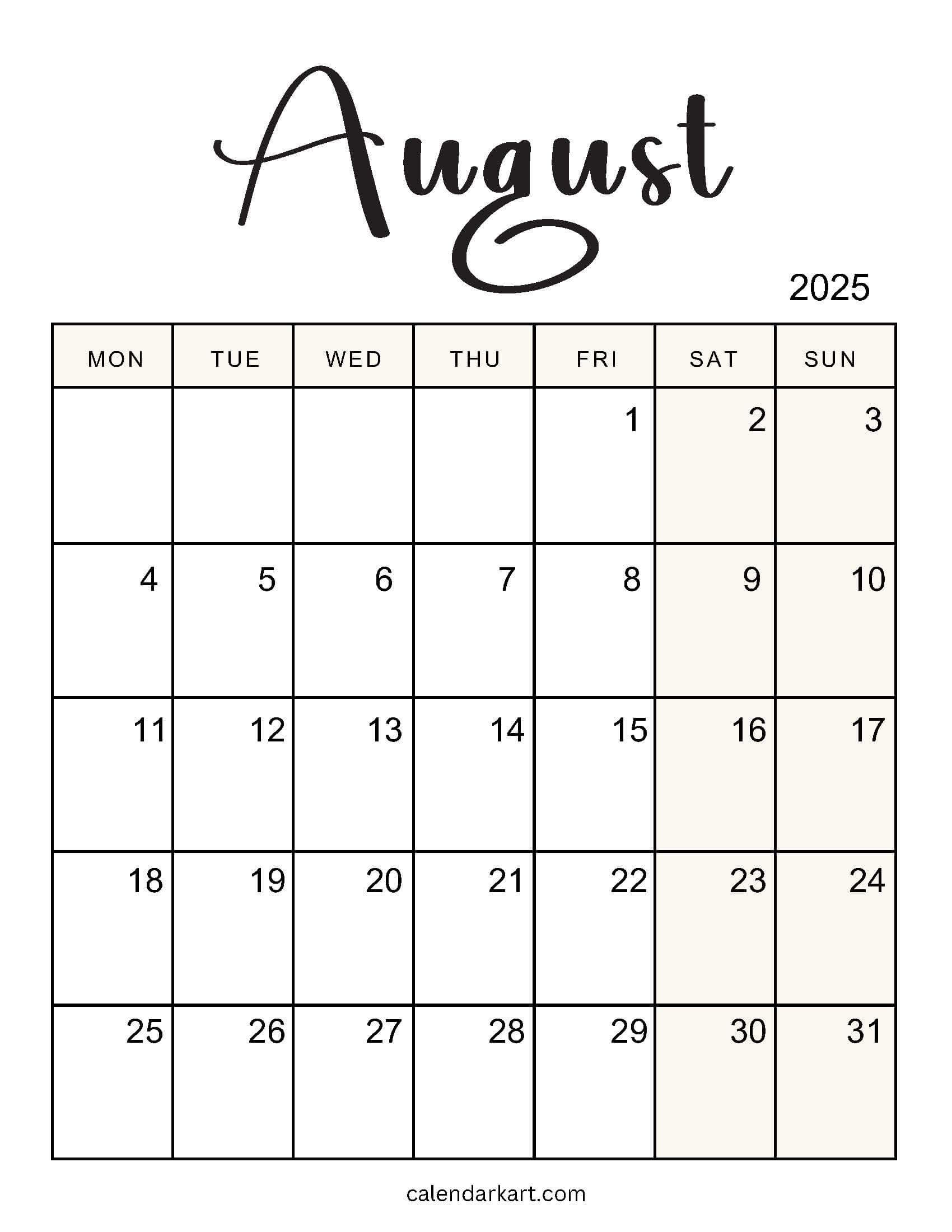 Monday Start Cute August 2025 Calendar Vertical