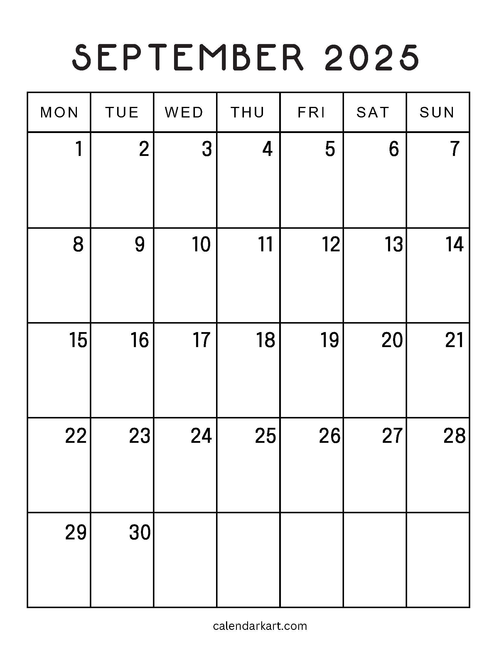 Monday Start September 2025 Calendar Standard 2