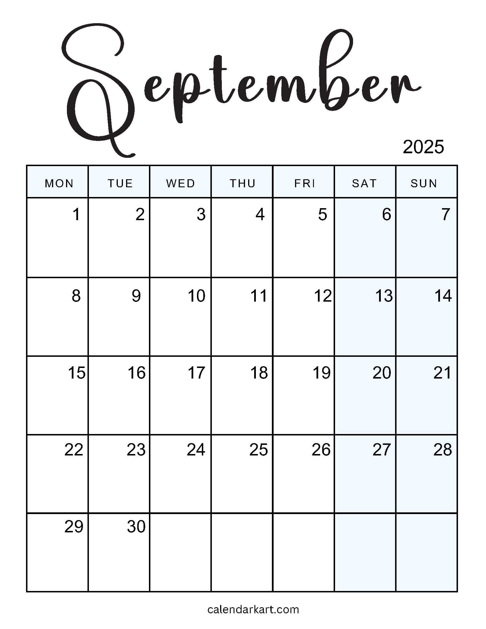 Monday Start September 2025 Calendar Standard 3