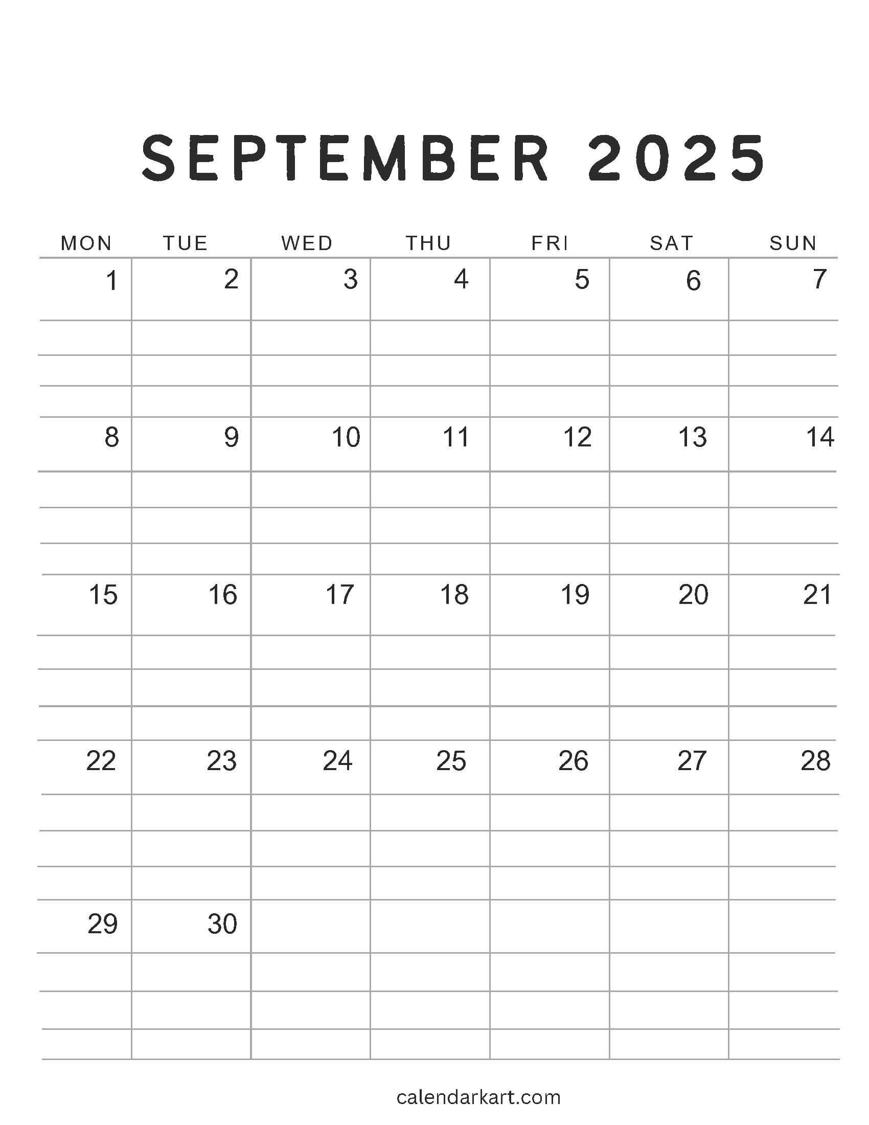 Monday Start September 2025 Calendar Standard 4