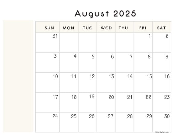 Printable August 2025 Calendar with Notes