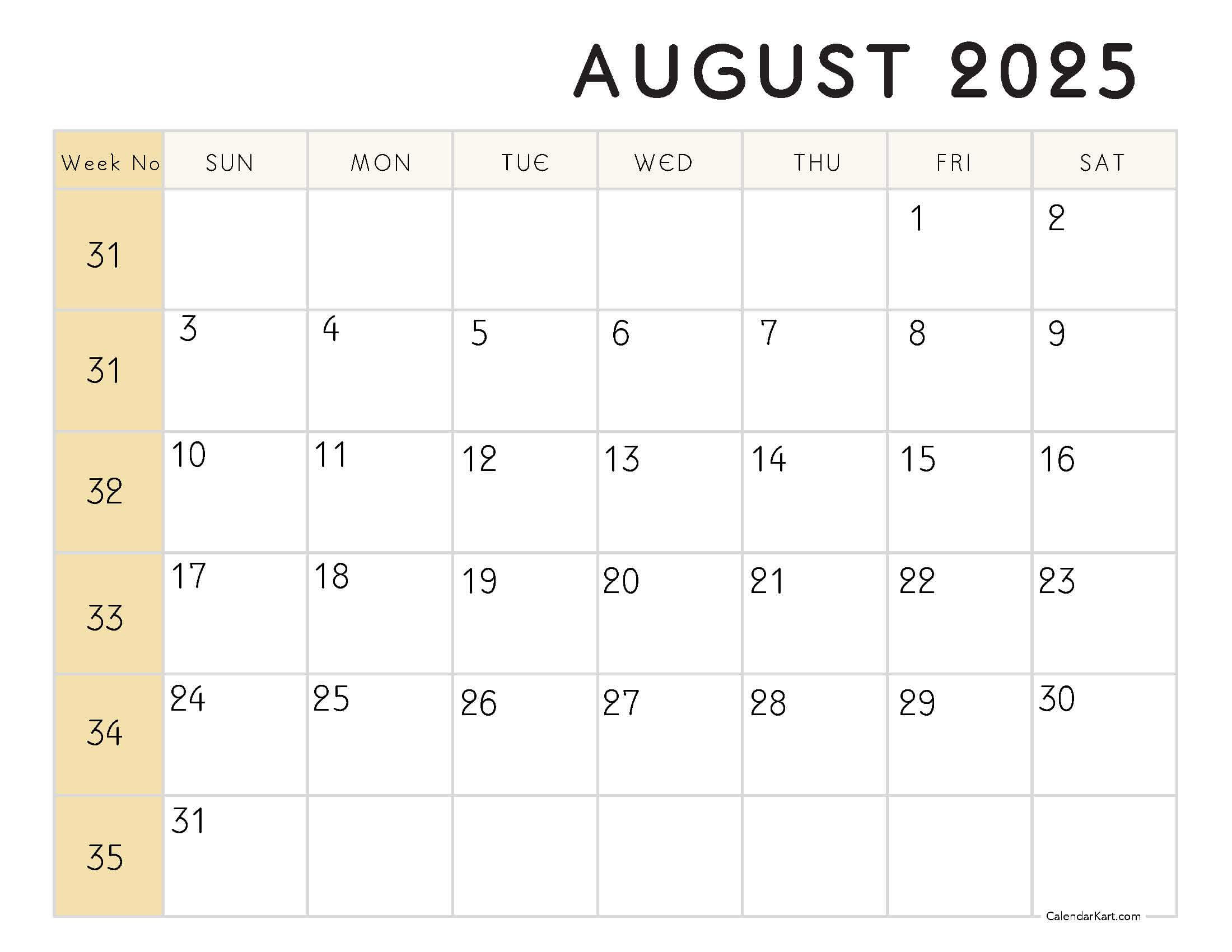 Printable August 2025 Calendar with Week Nos