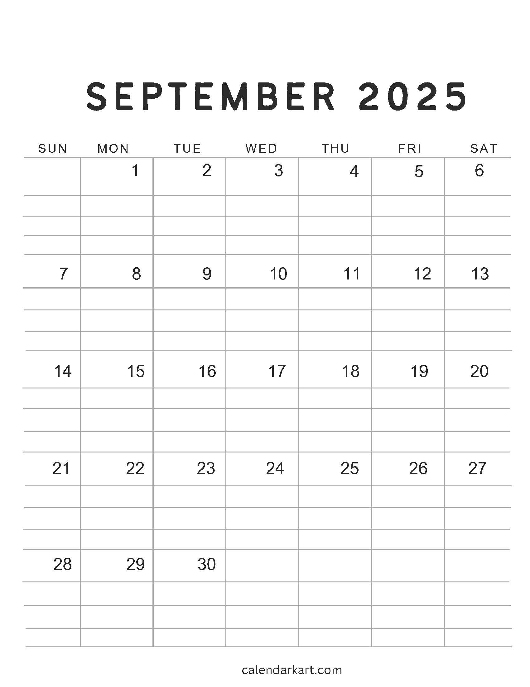 September 2025 Calendar Lined Vertical Style