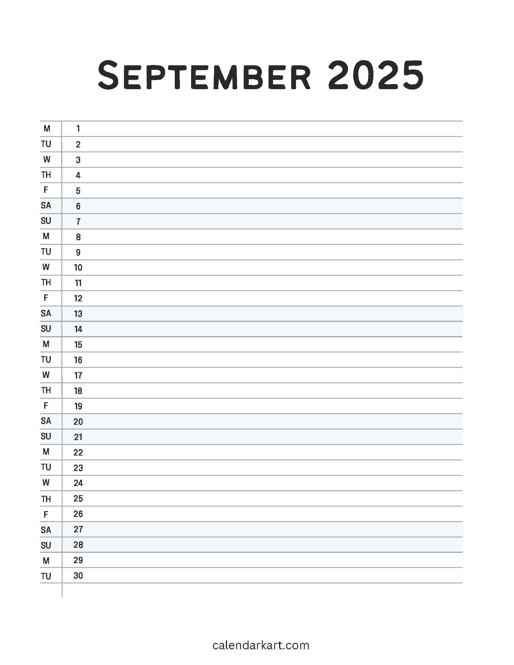 September 2025 Calendar List View