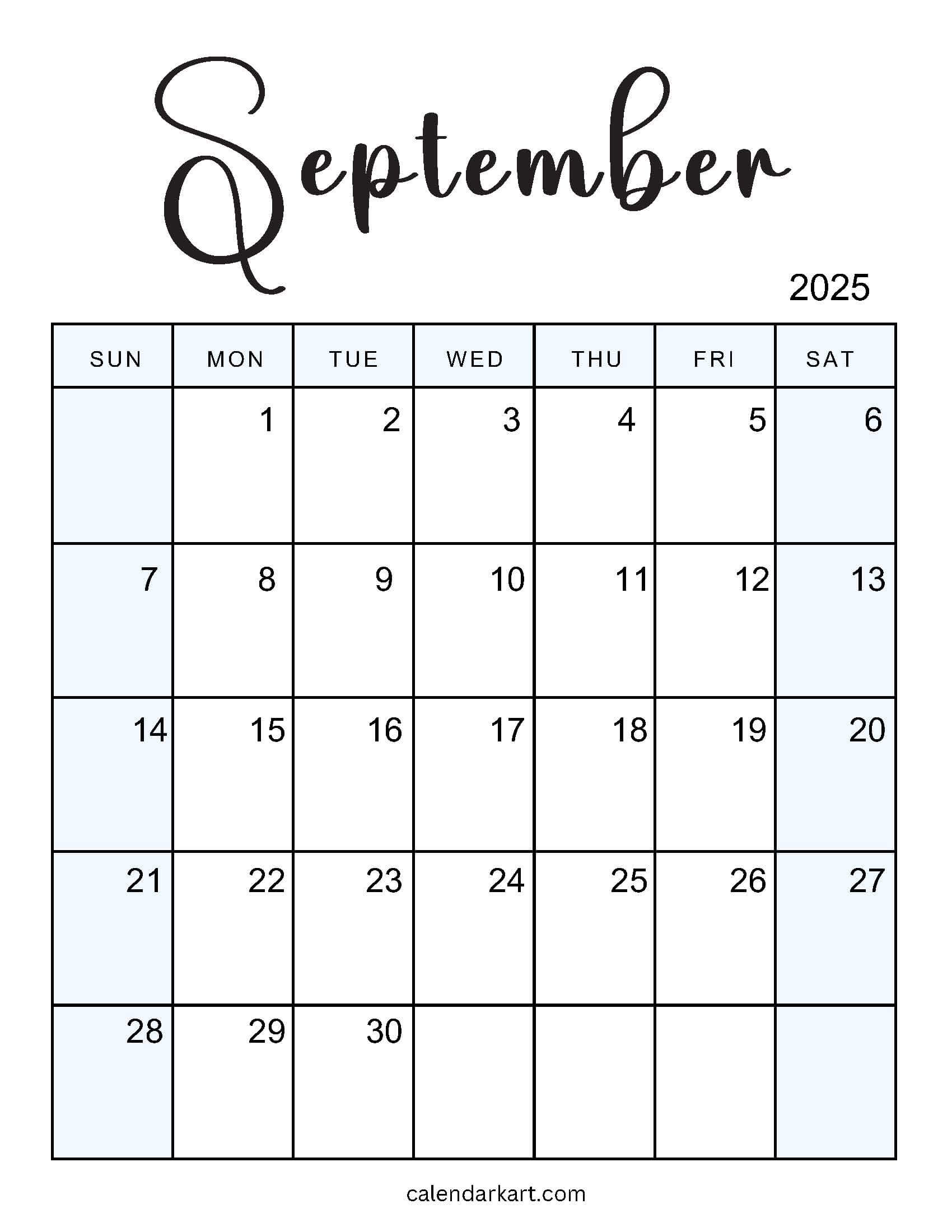 September 2025 Calendar Shaded Colored